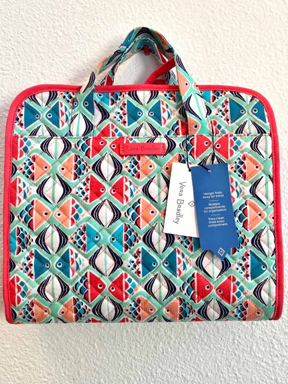 Vera Bradley Hanging Travel Organizer - Coral, Green, Go Fish Pattern - NWT